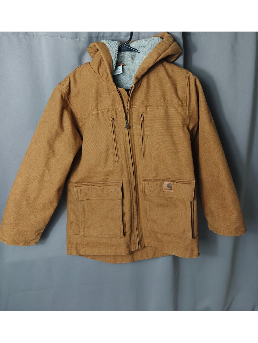 Carhartt Youth Size M 10/12 Brown Hooded Sherpa Lined Duck Canvas Jacket Coat